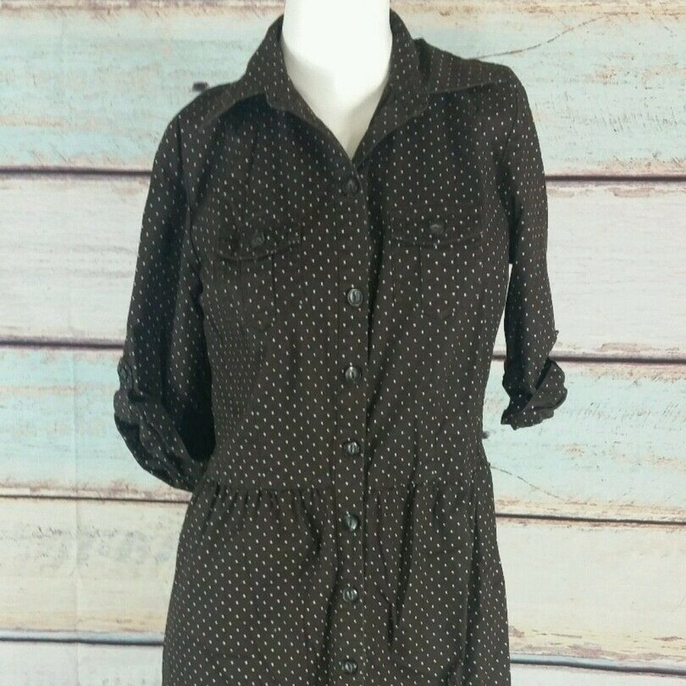 Merona Brown White Polka Dot Print Roll Tab Sleeve